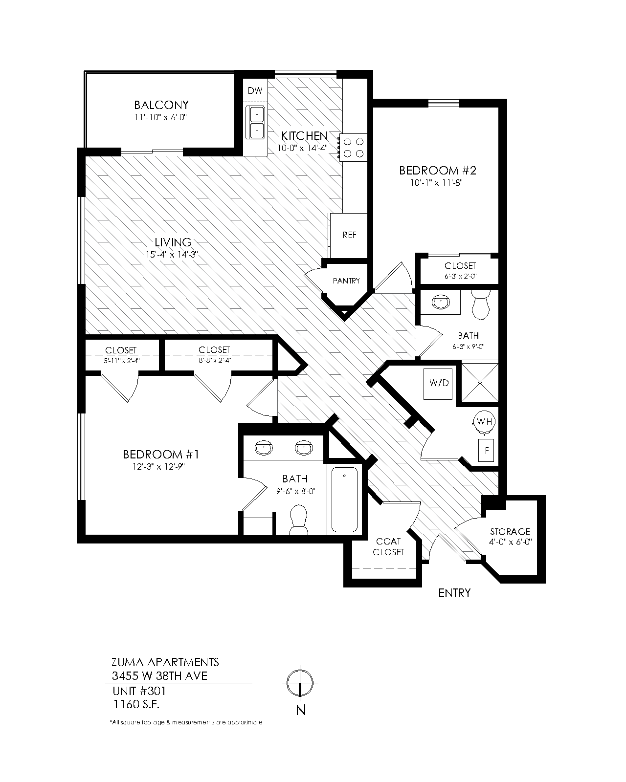 Floor plan for 2 beds, 2 baths, 1160 sqft